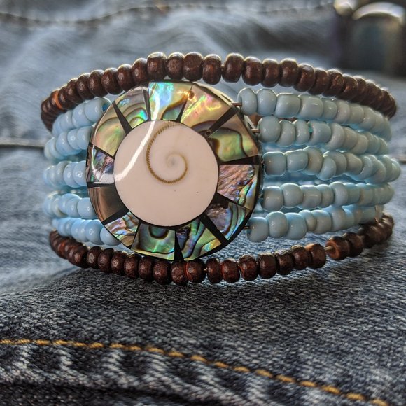 Abalone Shell Inlay Seed Bead Cuff - Picture 1 of 6